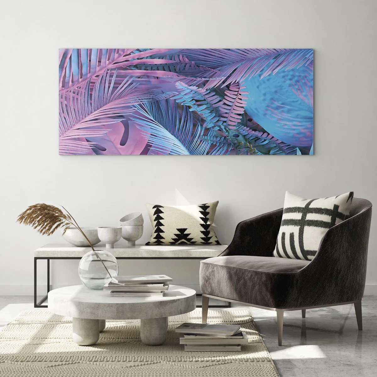 Glasbild - Bild auf glas - Tropen in Rosa und Blau - 100x40 cm