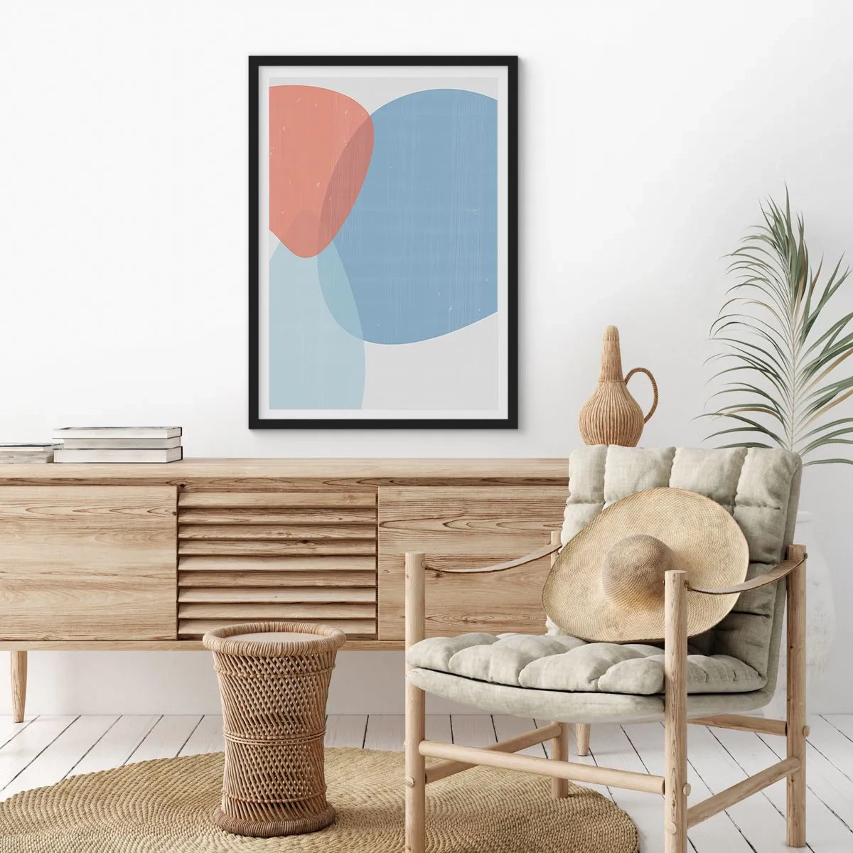 Poster in einem schwarzem Rahmen - Abstrakte Formen in Blau und Beige - 50x70cm - Pastellbeziehungen - Moderne Wanddekoration für Wohnzimmer und Schlafzimmer ARTTOR