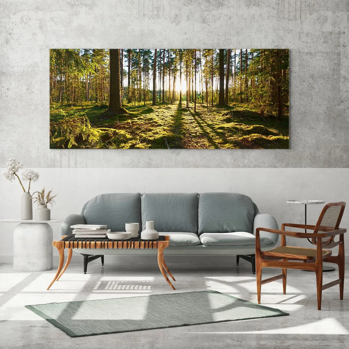Glasbild - Bild auf glas - Grüner Wald, beleuchtet durch Sonnenlicht auf dem Moos - 120x50cm - … Hinter den sieben Wäldern - Moderne Wanddekoration für Wohnzimmer und Schlafzimmer ARTTOR