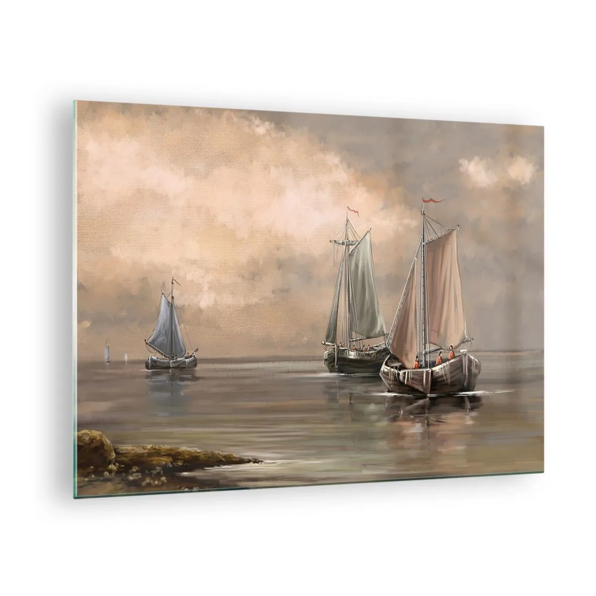 Glasbild - Bild auf glas - Drei Segelboote auf ruhiger See in Pastellfarben - 70x50cm - Die Rückkehr der Matrosen - Moderne Wanddekoration für Wohnzimmer und Schlafzimmer ARTTOR