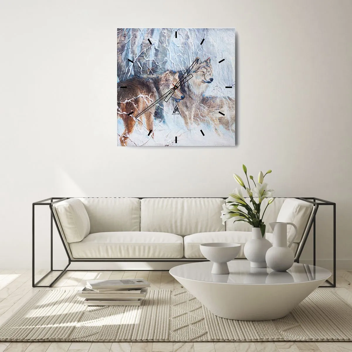Wanduhr - Glasuhr - Wölfe in einem Winterwald vor verschneiter Kulisse - 30x30cm - Beachtung! Hier kommt ... - Moderne Wanddekoration für Wohnzimmer und Schlafzimmer ARTTOR