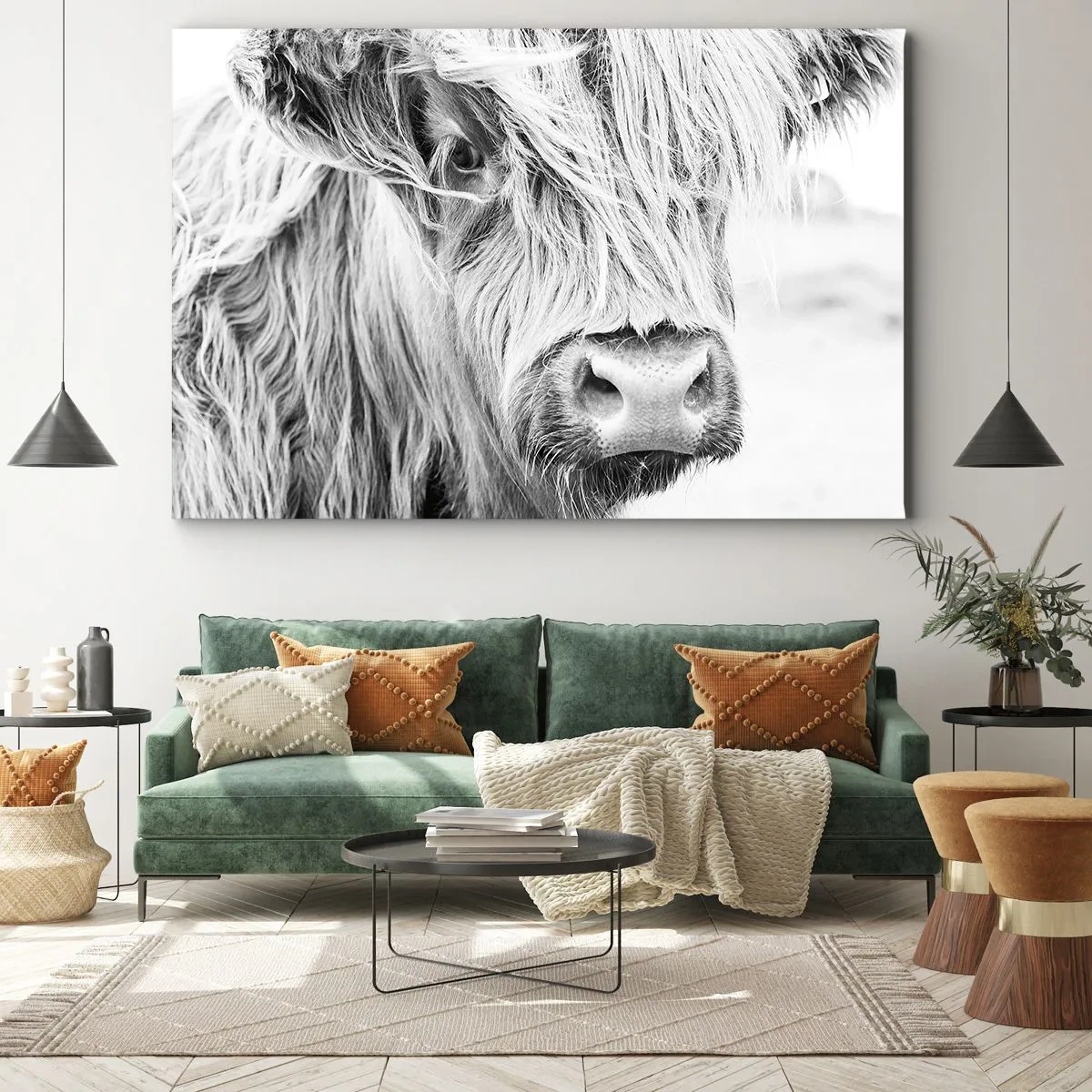 Bild auf Leinwand - Leinwandbild - Porträt einer schottischen Kuh in Schwarz und Weiß - 70x50cm - Schottische Wildheit - Moderne Wanddekoration für Wohnzimmer und Schlafzimmer ARTTOR