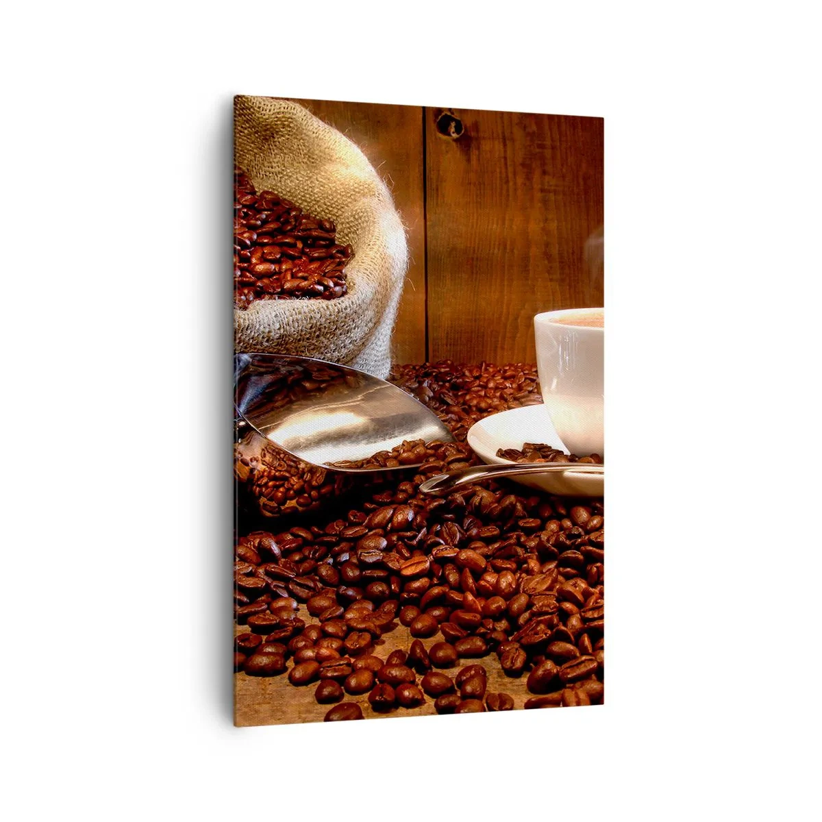 Bild auf Leinwand - Leinwandbild - Eine Tasse Kaffee mit Kaffeebohnen und einem Getreidesack im Hintergrund - 80x120cm - Fühlst du diesen Geruch? - Moderne Wanddekoration für Wohnzimmer und Schlafzimmer ARTTOR