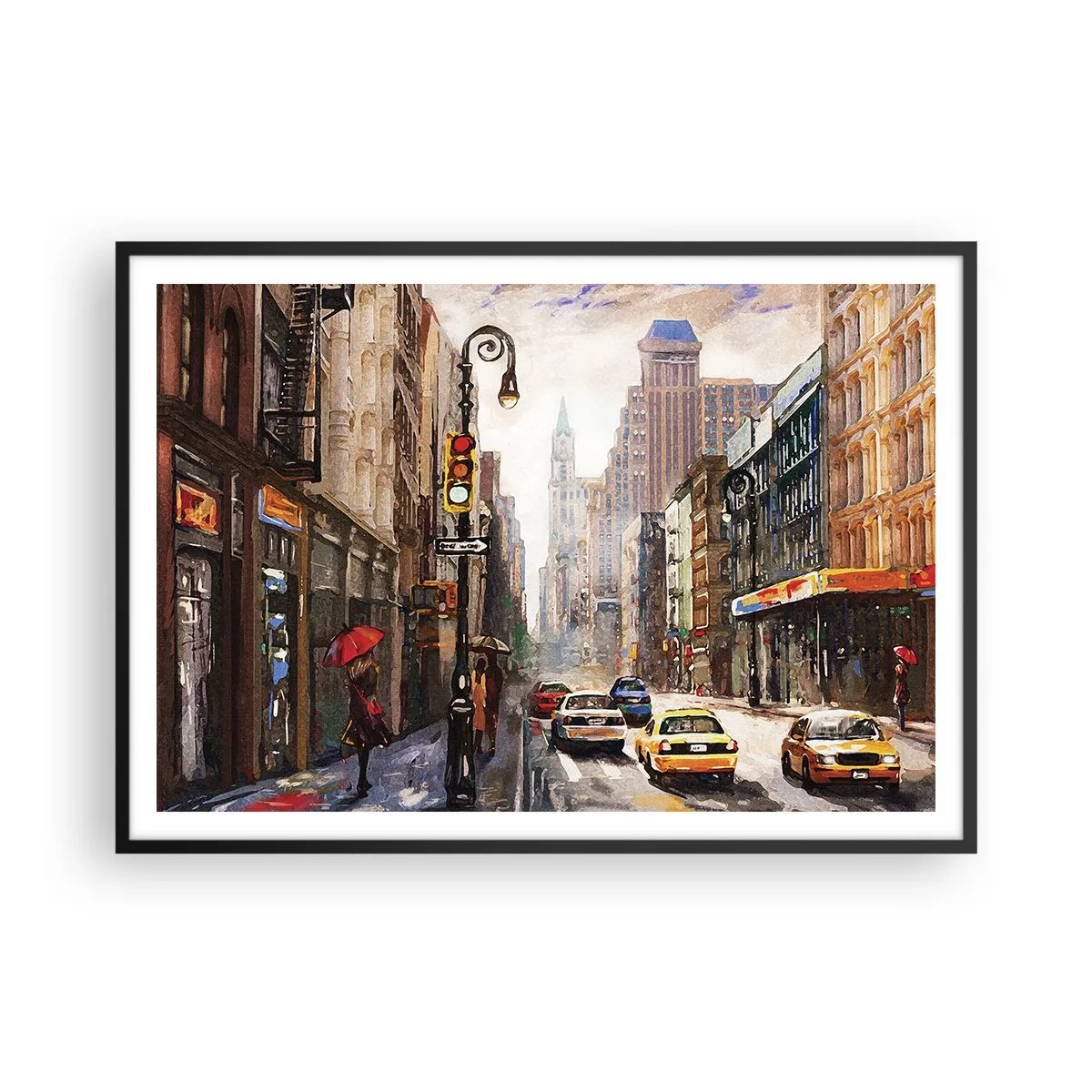 Poster in einem schwarzem Rahmen - Stadtbild mit einer Straße und gelben Taxis - 100x70cm - New York - auch im Regen bunt - Moderne Wanddekoration für Wohnzimmer und Schlafzimmer ARTTOR