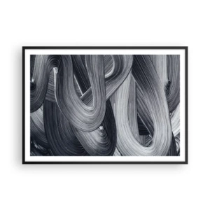 Poster in einem schwarzem Rahmen - Schwarz-Weiß-Abstraktion mit dynamischen Pinselstrichen. - 100x70cm - Die Fließfähigkeit der Realität - Moderne Wanddekoration für Wohnzimmer und Schlafzimmer ARTTOR
