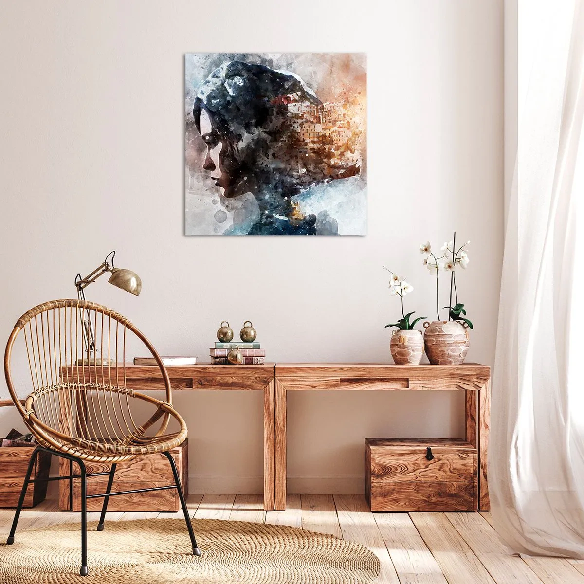 Bild auf Leinwand - Leinwandbild - Eine Geschichte über ein Mädchen mit einer Stadt im Hintergrund - 60x60 cm