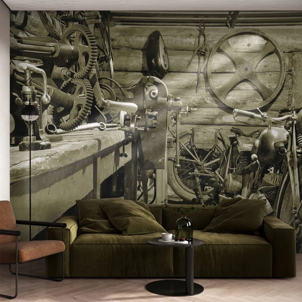 Fototapete Premium Canvas - Retro-Werkstatt mit Motorrädern und Werkzeug - 100x70cm - Im Schuppen von Onkel Władek - Moderne Wanddekoration für Wohnzimmer und Schlafzimmer ARTTOR
