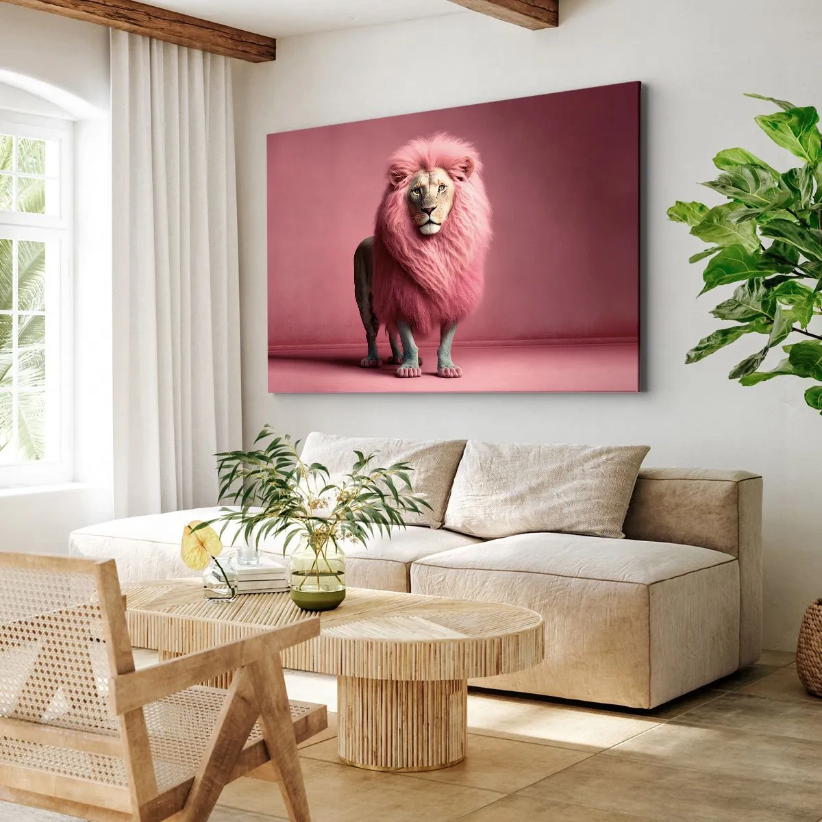 Bild auf Leinwand - Leinwandbild - Ein künstlerisch gestalteter Löwe mit rosa Mähne auf rosa Hintergrund - 120x80cm - Und du hast keine Angst mehr - Moderne Wanddekoration für Wohnzimmer und Schlafzimmer ARTTOR
