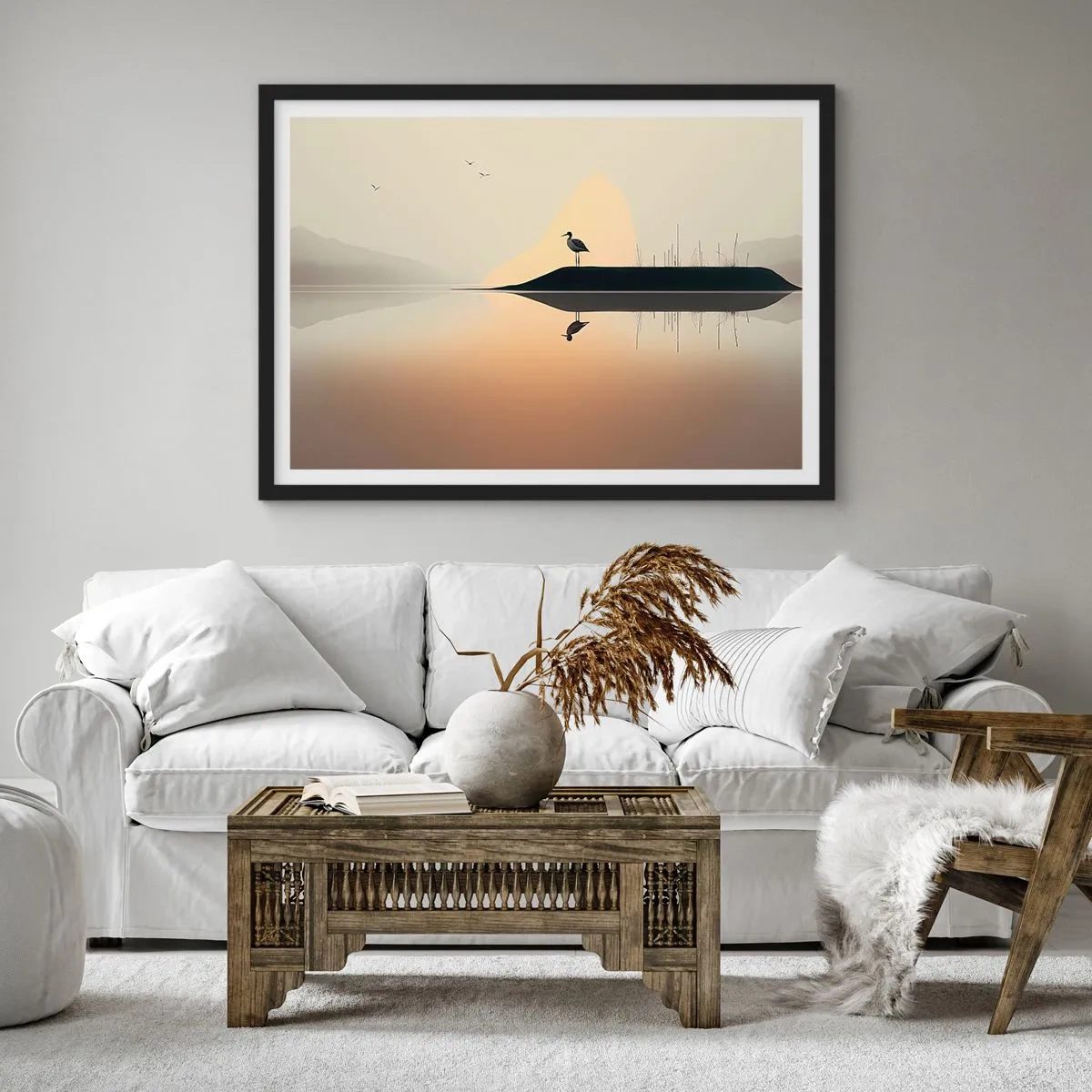 Poster in einem schwarzem Rahmen - Ein Vogel auf einer Insel in einem ruhigen See mit warmen Farbtönen - 100x70cm - Herr am See - Moderne Wanddekoration für Wohnzimmer und Schlafzimmer ARTTOR