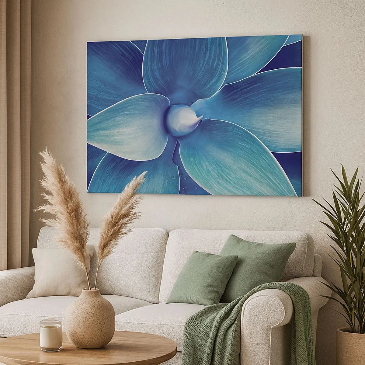 Bild auf Leinwand - Leinwandbild - Nahaufnahme einer abstrakten Blume in Blautönen - 70x50cm - Bläulich vom Himmel - Moderne Wanddekoration für Wohnzimmer und Schlafzimmer ARTTOR