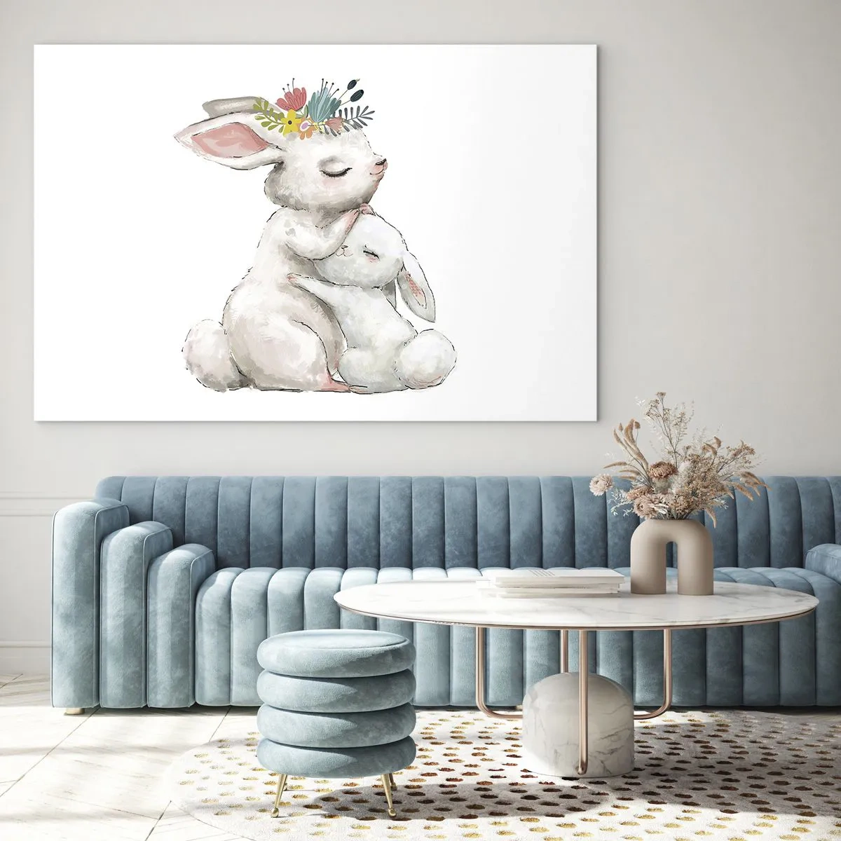 Glasbild - Bild auf glas - Zwei kuschelige Hasen in Pastellfarben - 70x50cm - Bei Mama ist's am schönsten - Moderne Wanddekoration für Wohnzimmer und Schlafzimmer ARTTOR