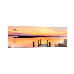 Glasbild - Bild auf glas - Ein Pier an einem See bei Sonnenuntergang mit Vögeln am Himmel - 160x50cm - Violette stille Morgendämmerung - Moderne Wanddekoration für Wohnzimmer und Schlafzimmer ARTTOR