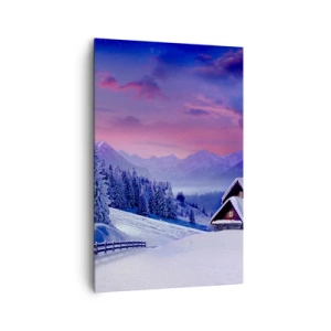 Bild auf Leinwand - Leinwandbild - Winterlandschaft mit Berghütten bei Sonnenuntergang - 80x120cm - Stille Nacht - Moderne Wanddekoration für Wohnzimmer und Schlafzimmer ARTTOR