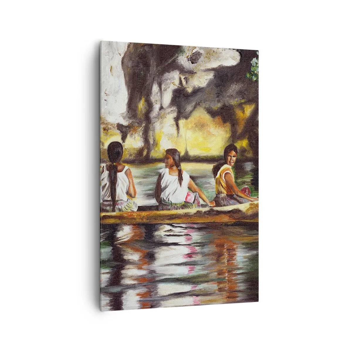 Bild auf Leinwand - Leinwandbild - Frauen in einem Boot auf einem ruhigen Fluss mit malerischer Kulisse - 80x120cm - In einem polynesischen Paradies - Moderne Wanddekoration für Wohnzimmer und Schlafzimmer ARTTOR