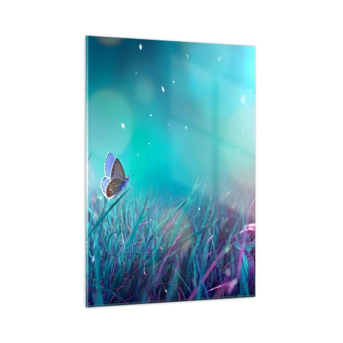 Glasbild - Bild auf glas - Schmetterling auf dem Gras in Pastelllicht - 50x70cm - Das geheime Leben der Wiese - Moderne Wanddekoration für Wohnzimmer und Schlafzimmer ARTTOR