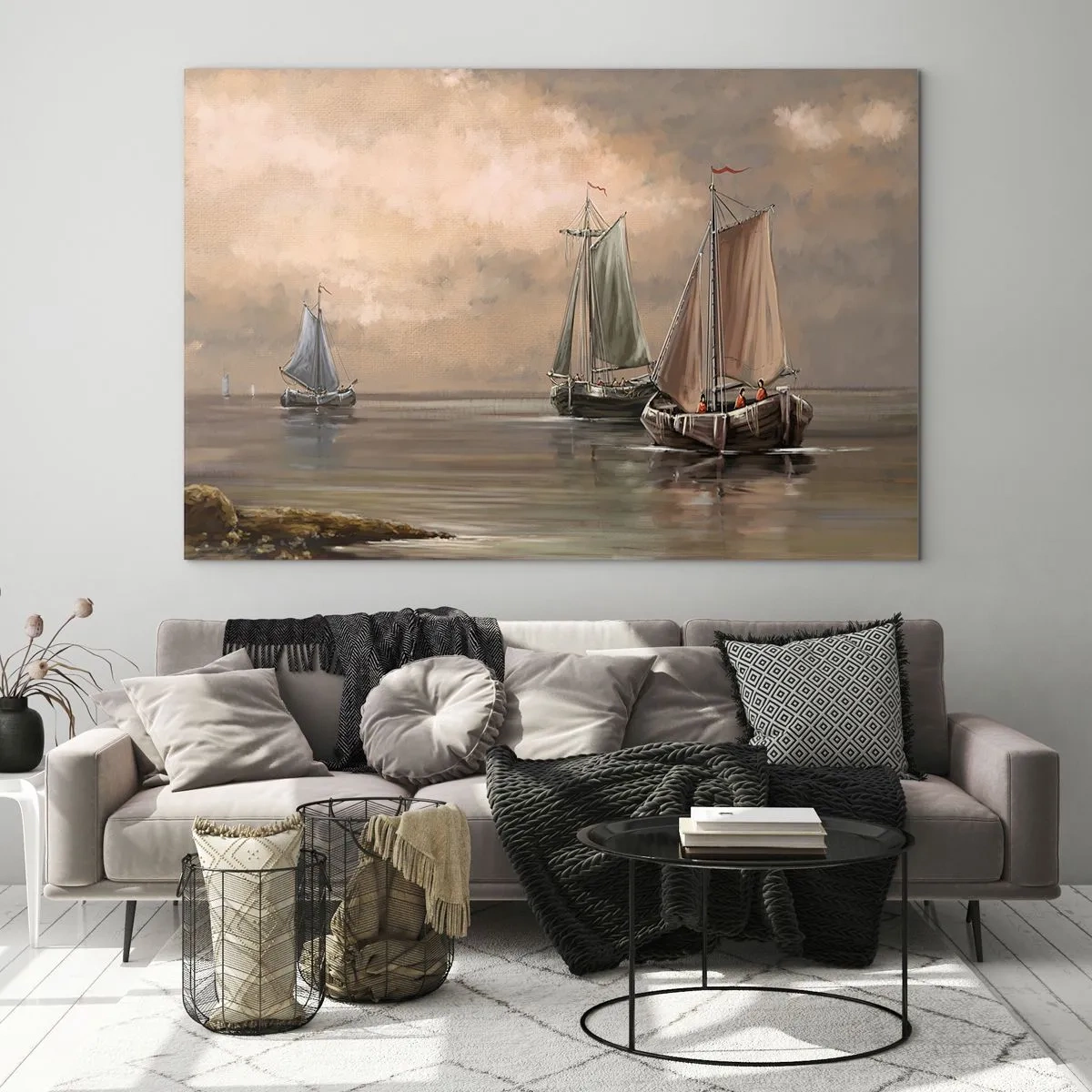 Glasbild - Bild auf glas - Drei Segelboote auf ruhiger See in Pastellfarben - 70x50cm - Die Rückkehr der Matrosen - Moderne Wanddekoration für Wohnzimmer und Schlafzimmer ARTTOR