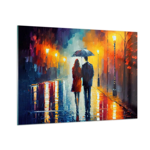 Glasbild - Bild auf glas - Ein Paar unter einem Regenschirm auf einer farbenfrohen Nachtstraße im Regen. - 100x70cm - Gemeinsam – eine bunte Nacht - Moderne Wanddekoration für Wohnzimmer und Schlafzimmer ARTTOR