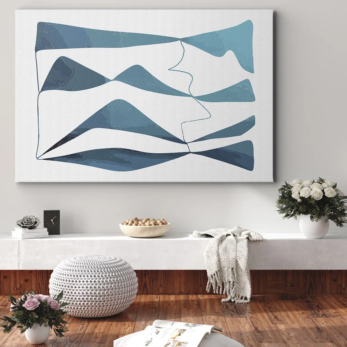 Bild auf Leinwand - Leinwandbild - Abstrakte Formen in Blautönen auf weißem Hintergrund - 70x50cm - Abstraktion: türkisfarbene Verbindung - Moderne Wanddekoration für Wohnzimmer und Schlafzimmer ARTTOR
