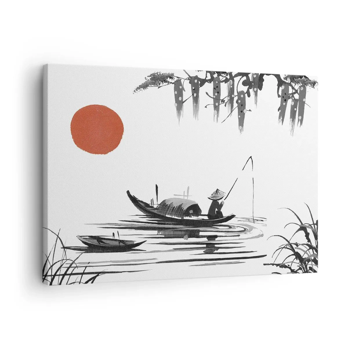 Bild auf Leinwand - Leinwandbild - Orientalische Landschaft mit einem Fischer auf einem Boot und einer roten Sonne - 70x50cm - Asiatischer Nachmittag - Moderne Wanddekoration für Wohnzimmer und Schlafzimmer ARTTOR