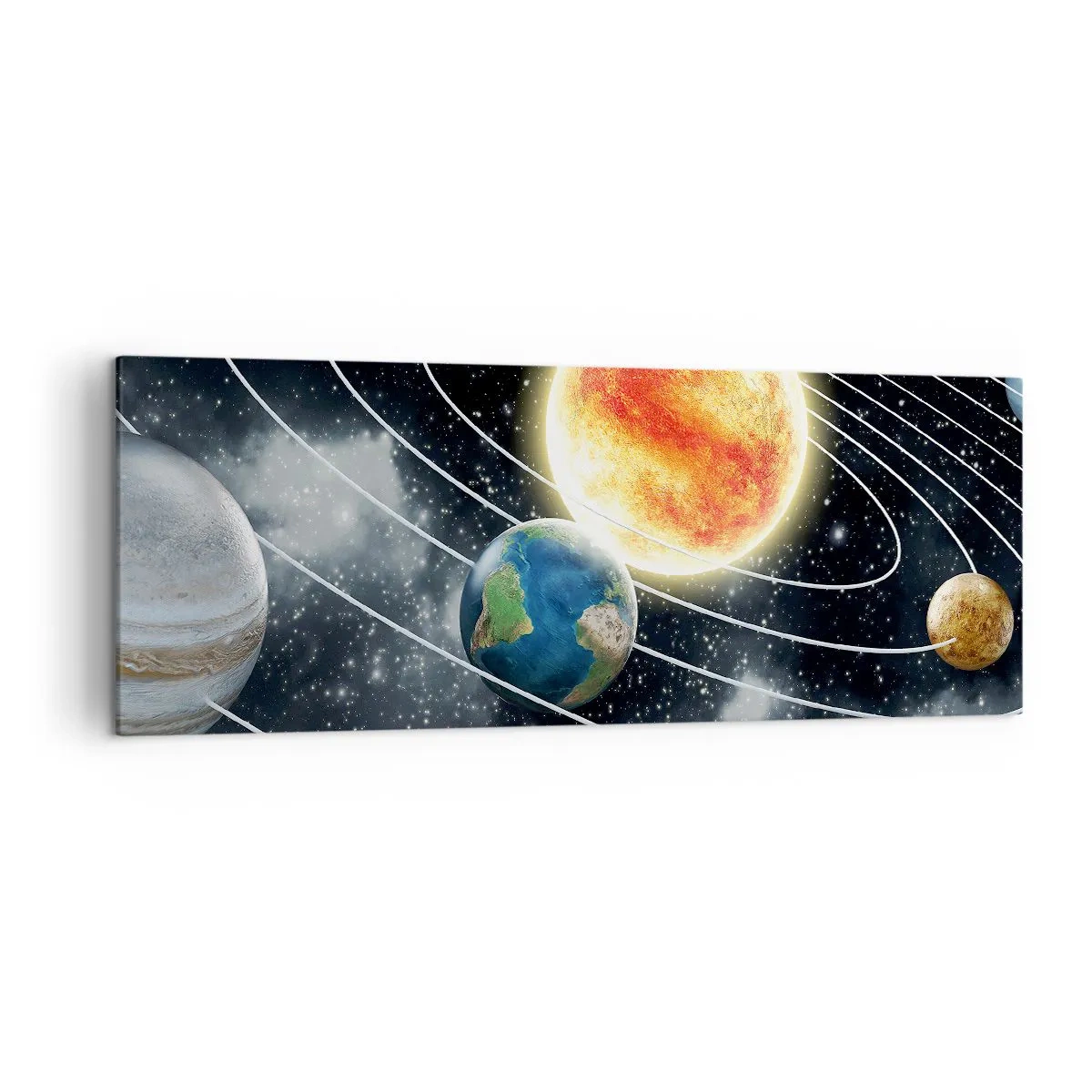 Bild auf Leinwand - Leinwandbild - Sonnensystem mit Planeten und Sonne im Weltraum - 140x50cm - Kosmischer Tanz - Moderne Wanddekoration für Wohnzimmer und Schlafzimmer ARTTOR