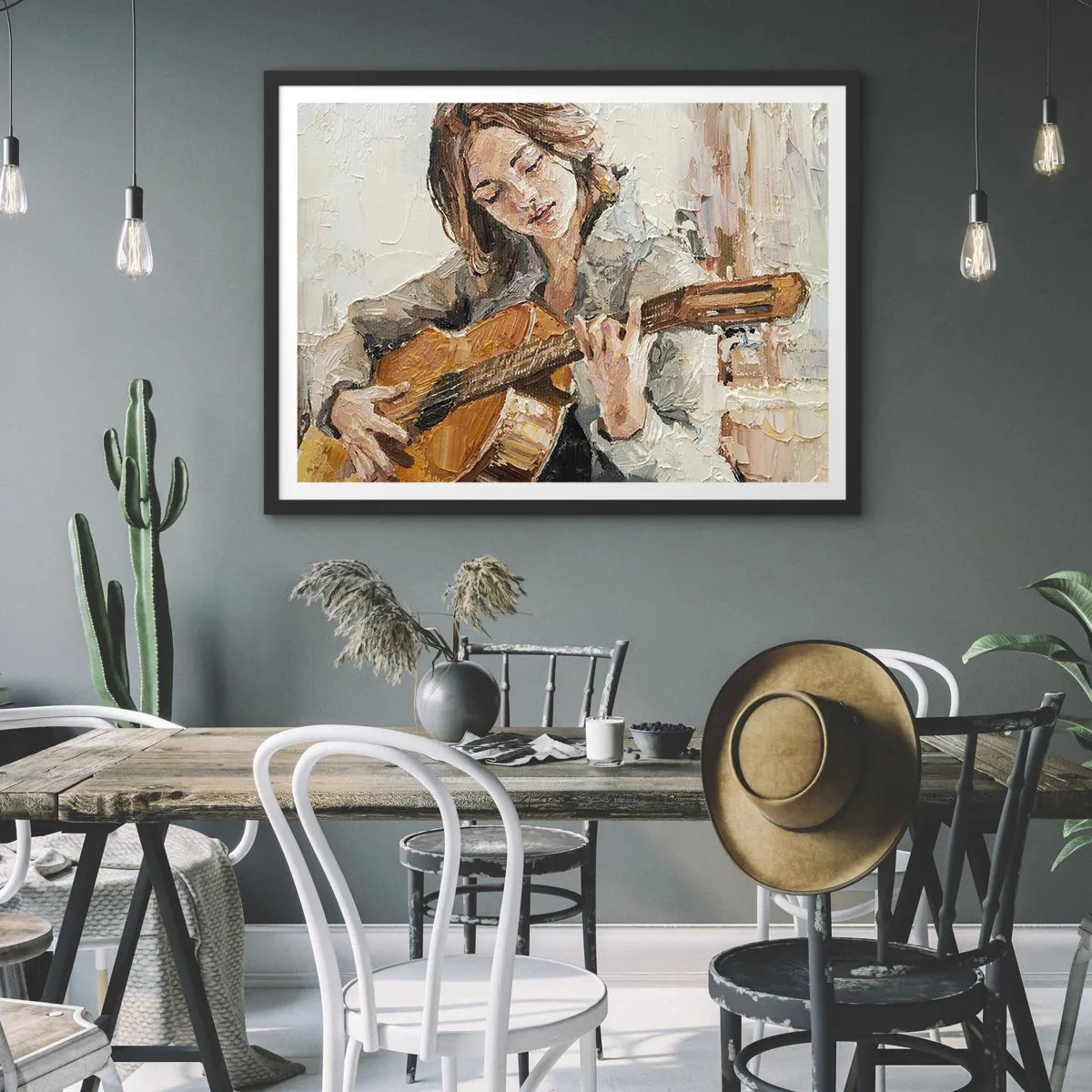 Poster in einem schwarzem Rahmen - Porträt eines Gitarre spielenden Mädchens in malerischem Stil mit warmen Farben. - 70x50cm - Konzert für Gitarre und Mädchenherz - Moderne Wanddekoration für Wohnzimmer und Schlafzimmer ARTTOR