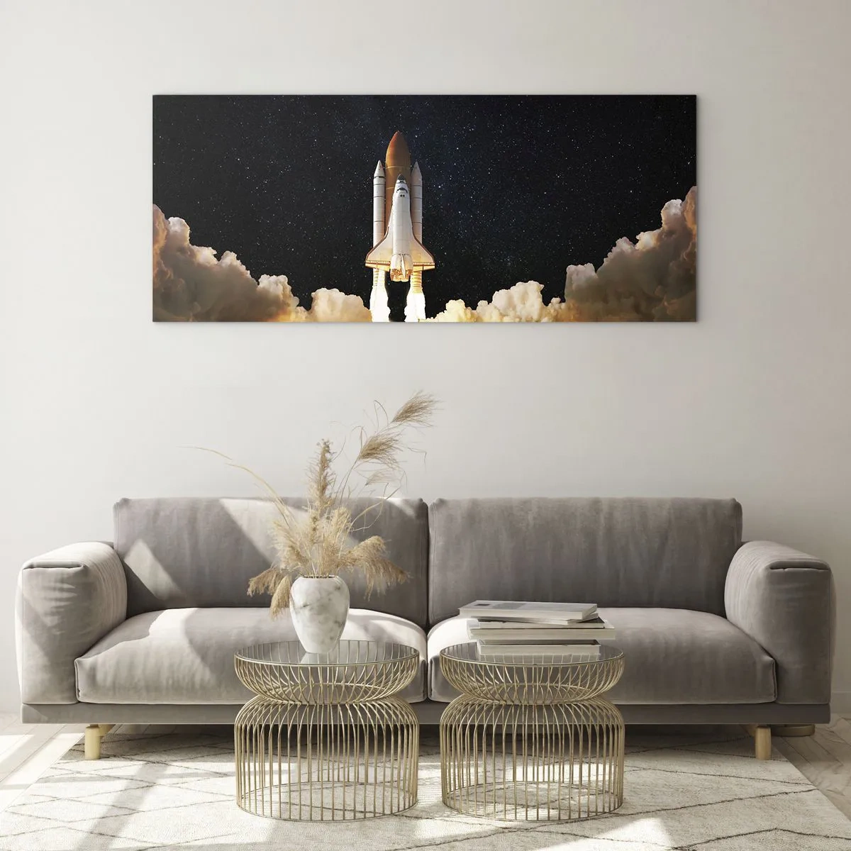 Glasbild - Bild auf glas - Eine Weltraumrakete hebt vor dem Sternenhimmel ab - 140x50cm - Ad Astra! - Moderne Wanddekoration für Wohnzimmer und Schlafzimmer ARTTOR