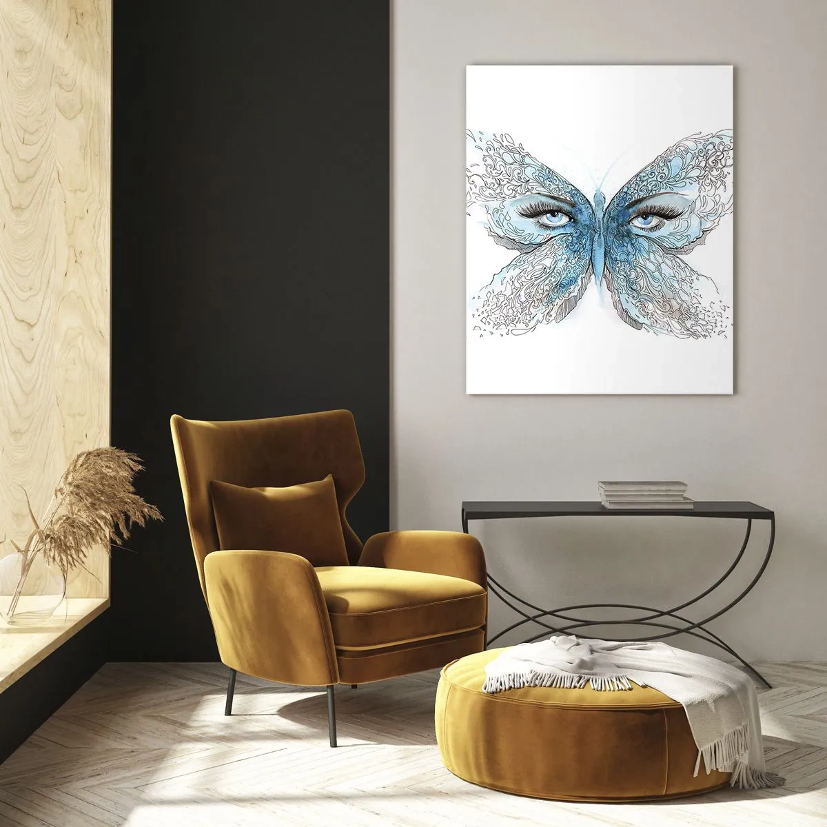 Glasbild - Bild auf glas - Künstlerisches Aquarell eines Schmetterlings mit blauen Augen - 70x100cm - Eros Blaumeise - Moderne Wanddekoration für Wohnzimmer und Schlafzimmer ARTTOR