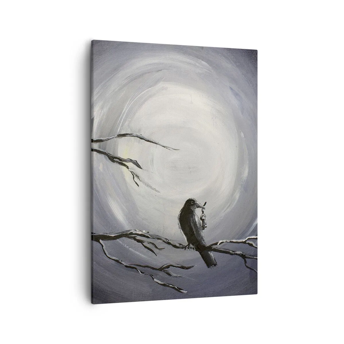 Bild auf Leinwand - Leinwandbild - Schwarzer Vogel auf einem Ast im Mondlicht - 50x70cm - Der Schlüssel zum Geheimnis der Nacht - Moderne Wanddekoration für Wohnzimmer und Schlafzimmer ARTTOR