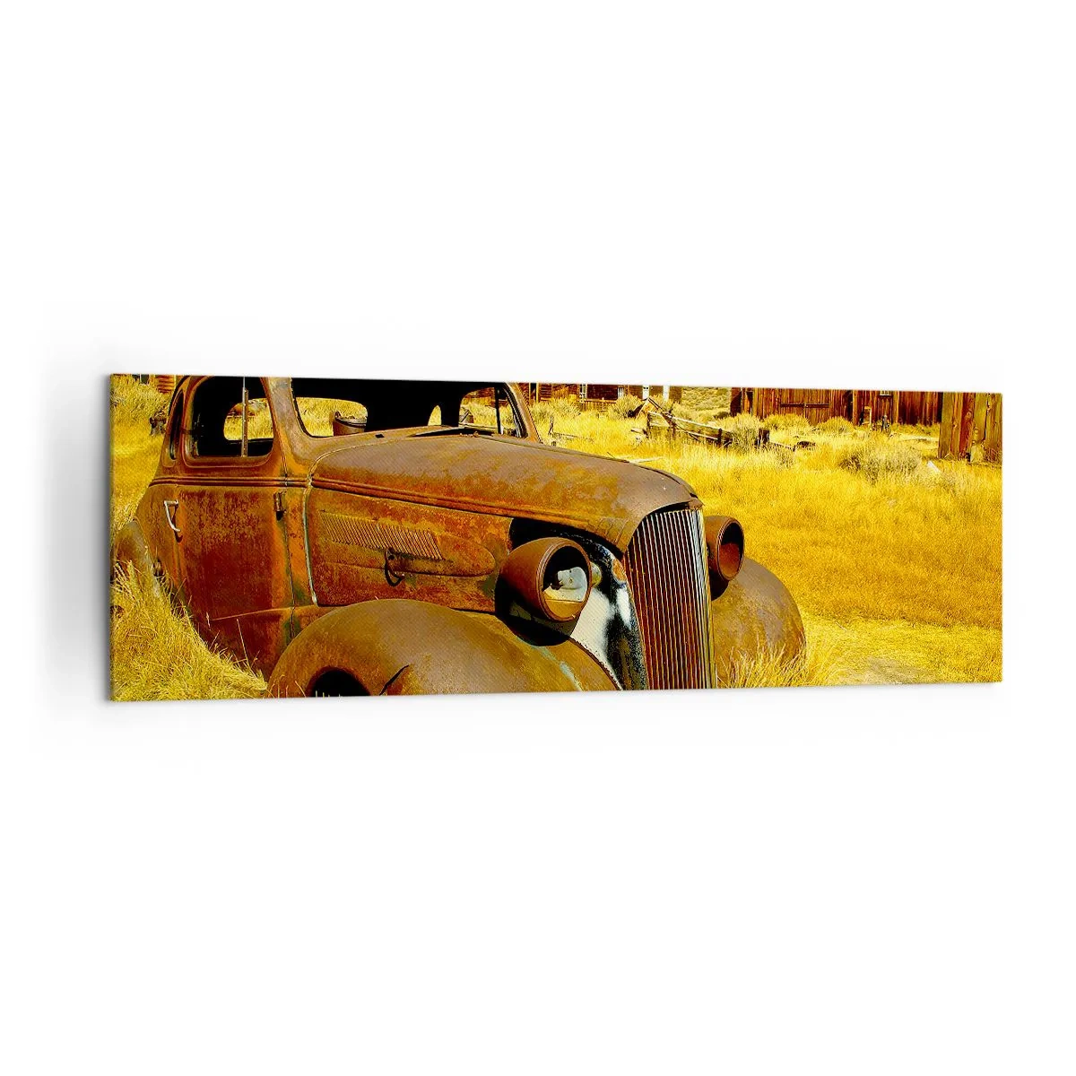 Bild auf Leinwand - Leinwandbild - Ein altes rostiges Auto vor dem Hintergrund verlassener Holzhütten - 160x50cm - Eine wohlverdiente Ruhe - Moderne Wanddekoration für Wohnzimmer und Schlafzimmer ARTTOR