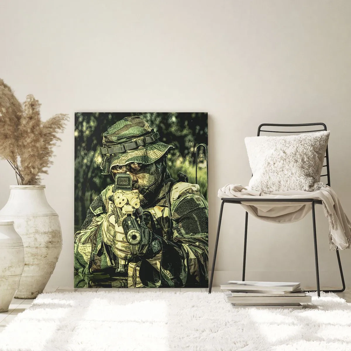 Glasbild - Bild auf glas - Ein Soldat in voller Tarnung zielt durch ein Visier in einer wässrigen Umgebung. - 50x70cm - Das Beste vom Besten - Moderne Wanddekoration für Wohnzimmer und Schlafzimmer ARTTOR