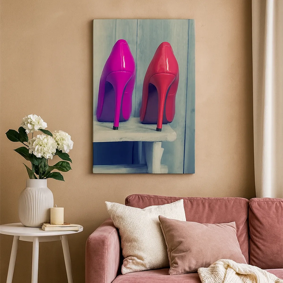 Bild auf Leinwand - Leinwandbild - Bunte High Heels vor einer Holzwand - 50x70cm - Spazierengehen auf dem Regenbogen - Moderne Wanddekoration für Wohnzimmer und Schlafzimmer ARTTOR