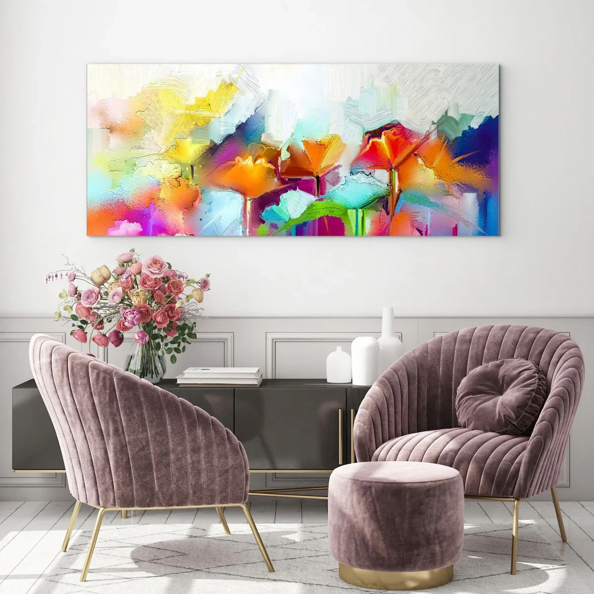 Glasbild - Bild auf glas - Abstrakte bunte Blumen auf hellem Hintergrund - 140x50cm - Der Regenbogen ist aufgeblüht - Moderne Wanddekoration für Wohnzimmer und Schlafzimmer ARTTOR