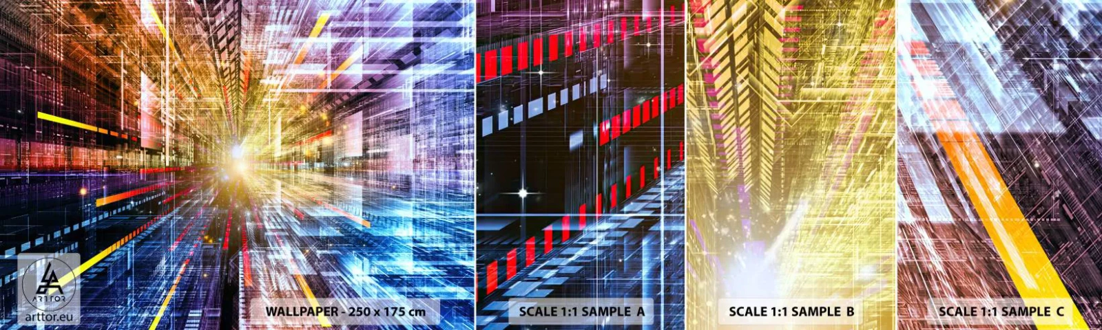 Fototapeten Muster Selbstklebend Deluxe Sticker - Leuchtender Korridor - Abstraktion, Grafik, 3D - 100x30 cm