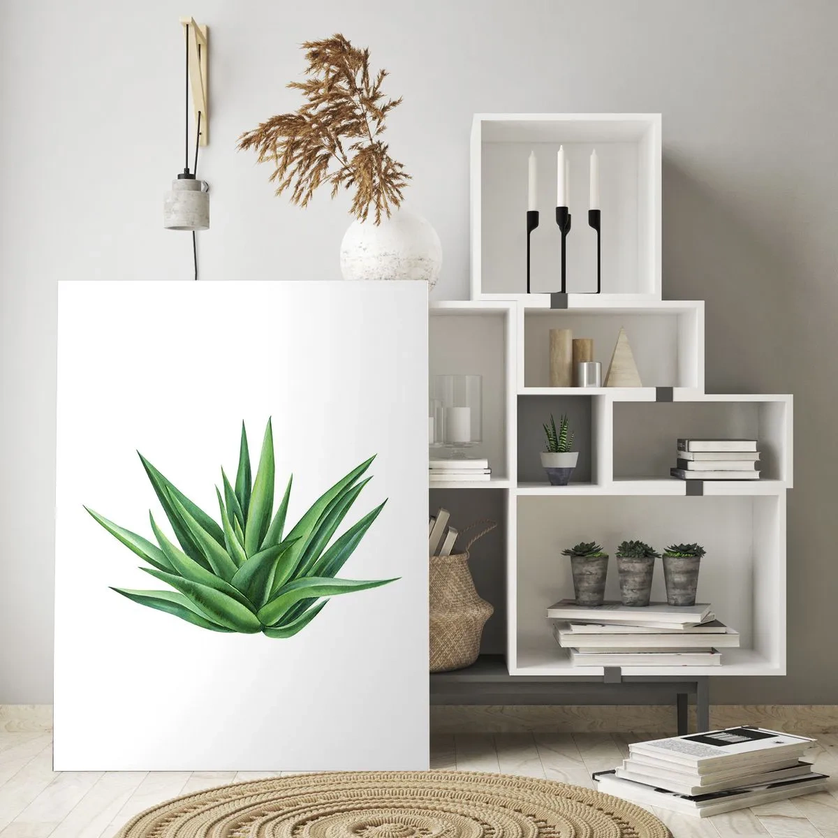 Glasbild - Bild auf glas - Eine grüne Pflanze mit fleischigen Blättern auf weißem Hintergrund - 50x70cm - Grün – Kraft – Leben - Moderne Wanddekoration für Wohnzimmer und Schlafzimmer ARTTOR