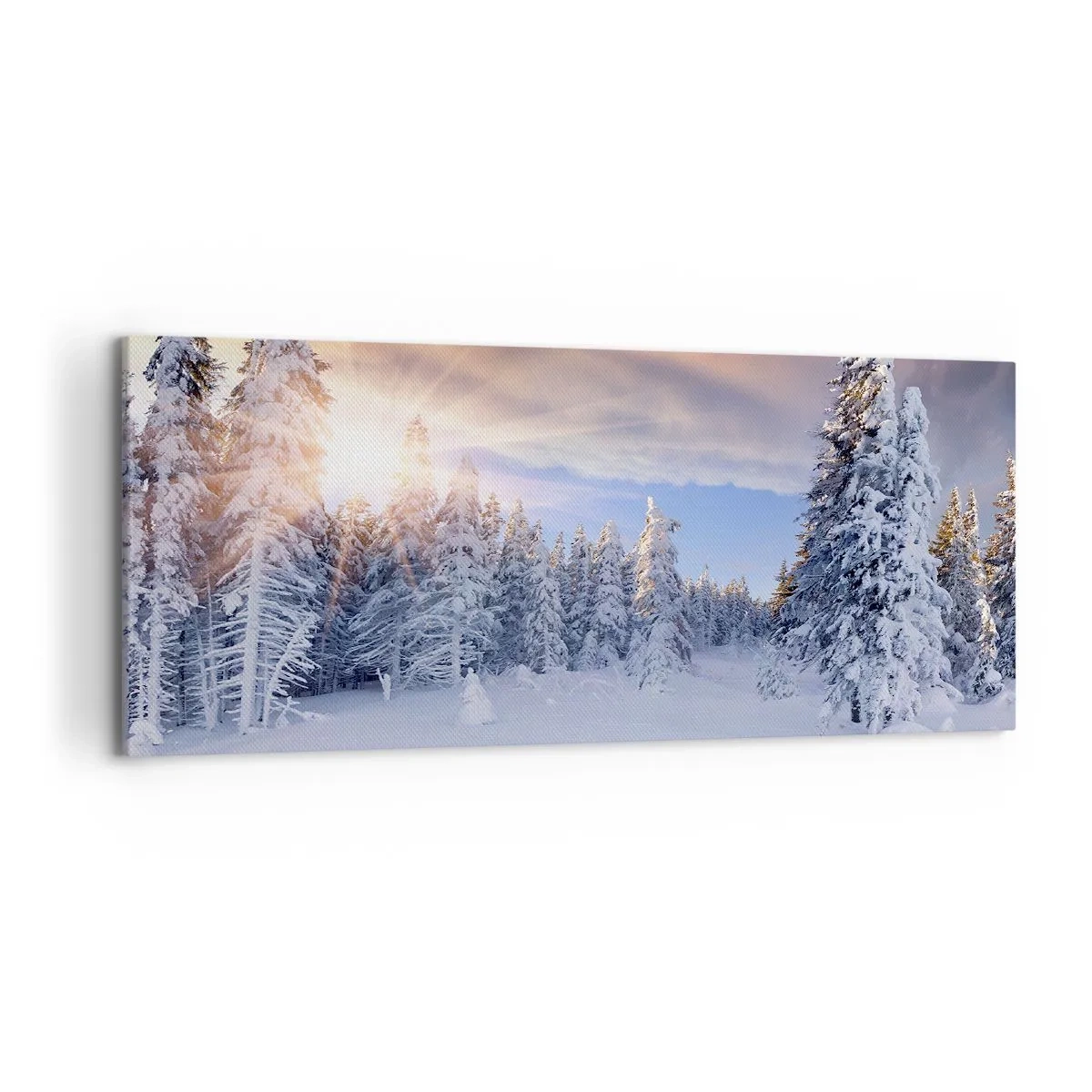 Bild auf Leinwand - Leinwandbild - Winterlandschaft mit schneebedecktem Wald bei Sonnenuntergang - 120x50cm - Ein verschneites Naturschauspiel - Moderne Wanddekoration für Wohnzimmer und Schlafzimmer ARTTOR