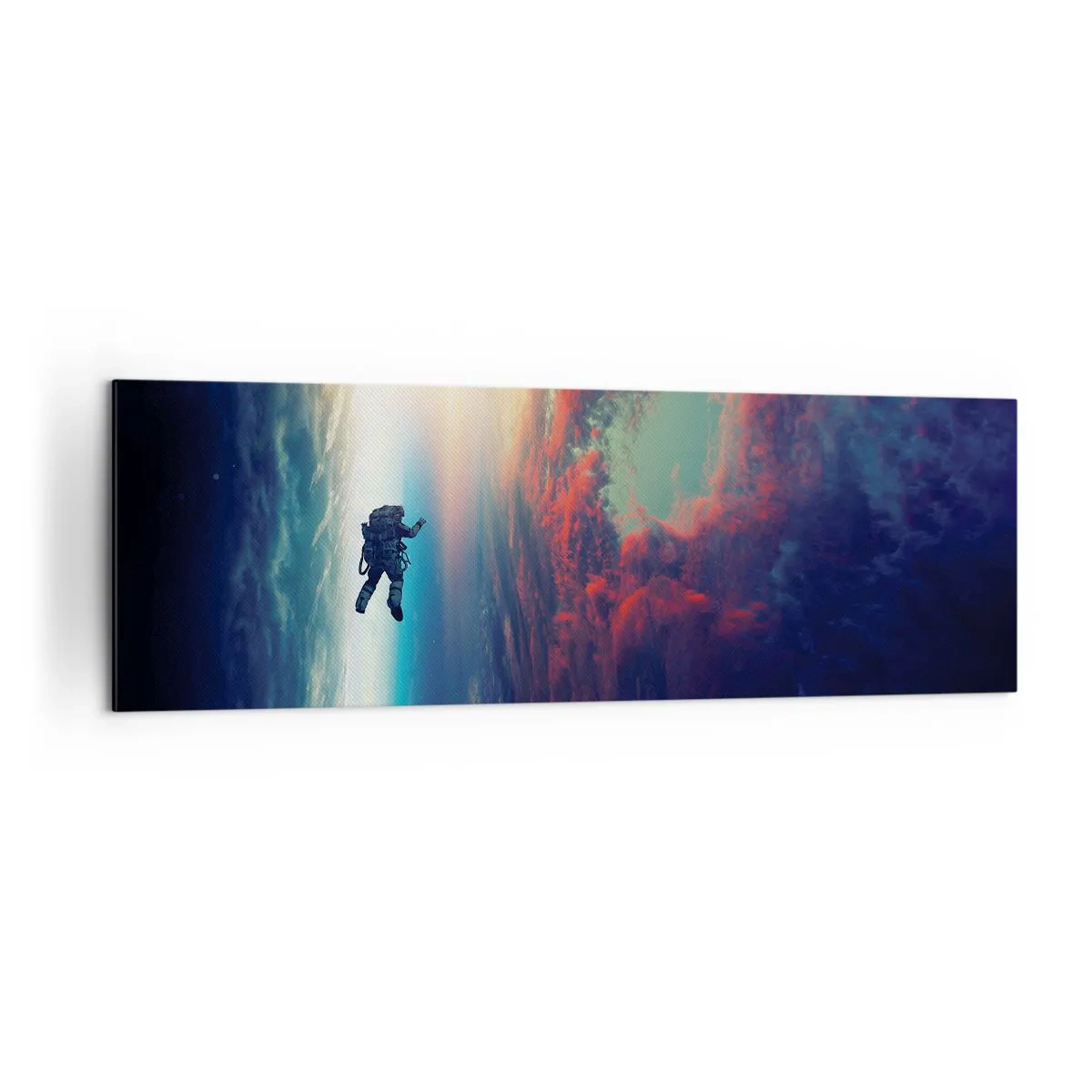 Bild auf Leinwand - Leinwandbild - Ein Astronaut schwebt im Weltraum über einer bunten Erde - 160x50cm - Sich dem Universum stellen - Moderne Wanddekoration für Wohnzimmer und Schlafzimmer ARTTOR