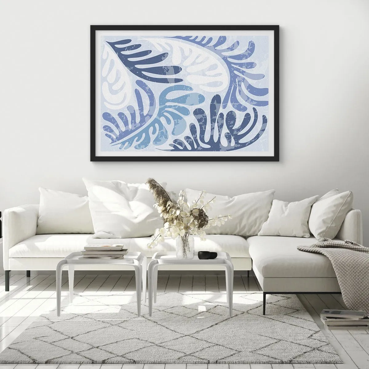 Poster in einem schwarzem Rahmen - Abstrakte Formen in Blautönen auf weißem Hintergrund - 70x50cm - Blaue Farne - Moderne Wanddekoration für Wohnzimmer und Schlafzimmer ARTTOR