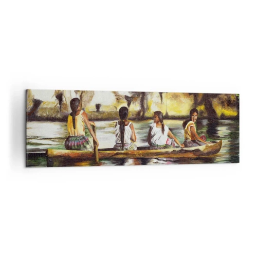 Bild auf Leinwand - Leinwandbild - Frauen in einem Boot auf einem ruhigen Fluss mit malerischer Kulisse - 160x50cm - In einem polynesischen Paradies - Moderne Wanddekoration für Wohnzimmer und Schlafzimmer ARTTOR