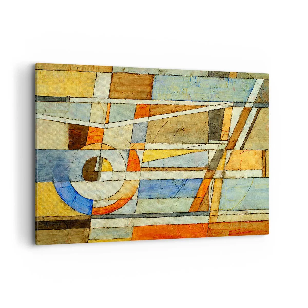 Bild auf Leinwand - Leinwandbild - Geometrische Abstraktion in Beige-, Blau- und Orangetönen - 120x80cm - Kubismus auf der Baustelle - Moderne Wanddekoration für Wohnzimmer und Schlafzimmer ARTTOR
