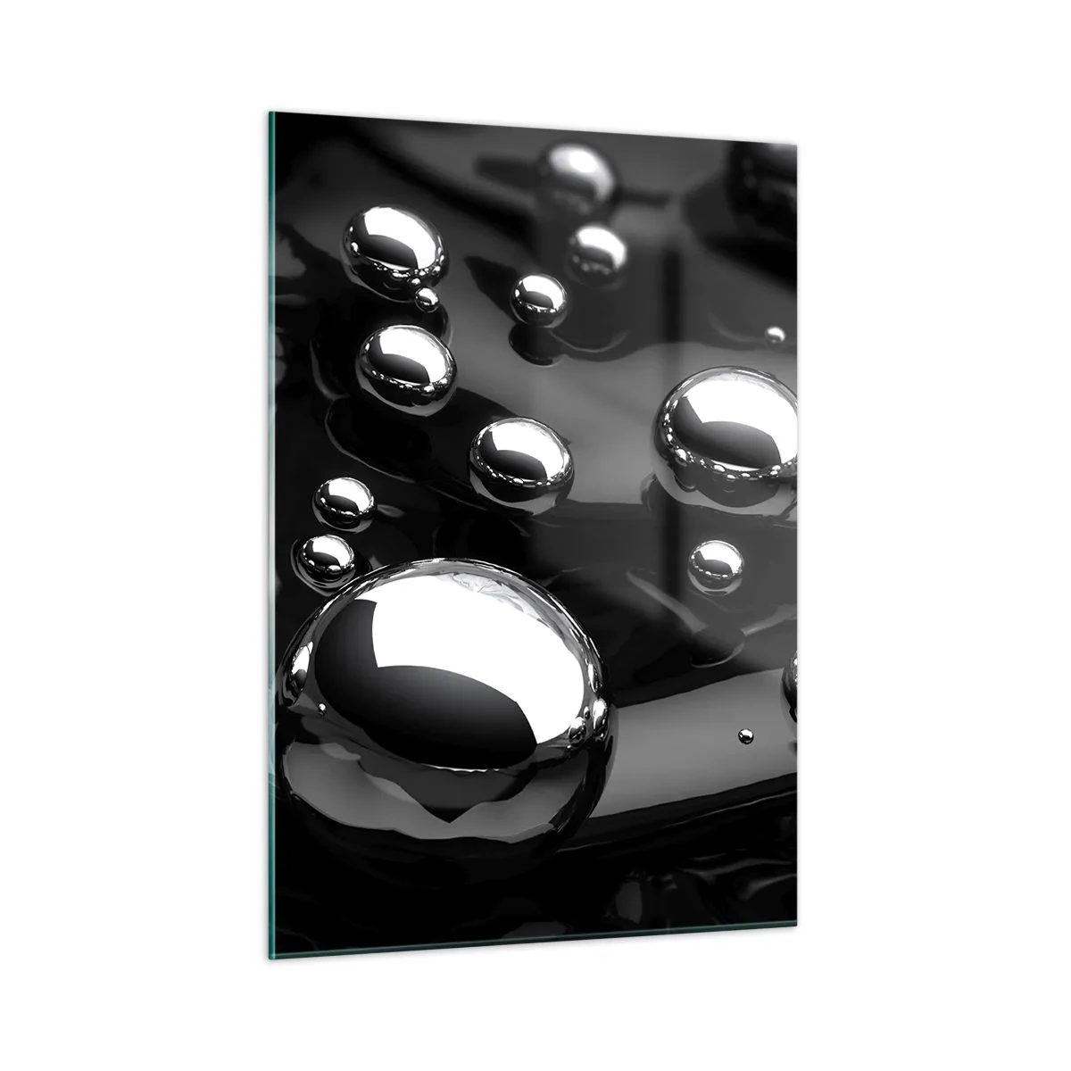 Glasbild - Bild auf glas - Metallische Tropfen auf einer schwarzen Oberfläche - 50x70cm - Aus der schwarzen Wassertiefe - Moderne Wanddekoration für Wohnzimmer und Schlafzimmer ARTTOR