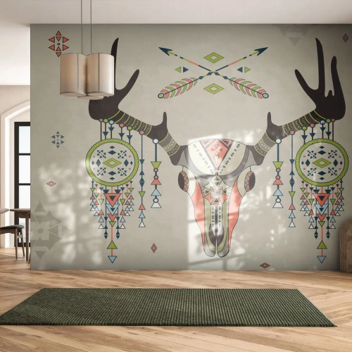 Fototapete Premium Sand - Ethno-Hirschschädel-Motiv mit Traumfängern - 100x70cm - Indische Jägertrophäe - Moderne Wanddekoration für Wohnzimmer und Schlafzimmer ARTTOR