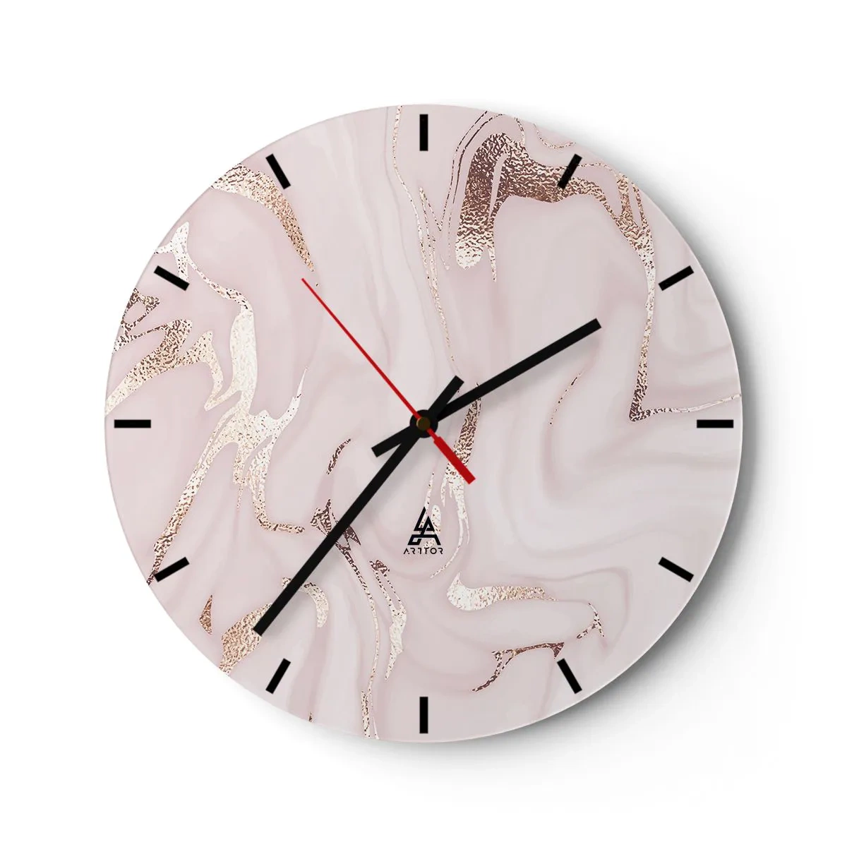 Wanduhr - Glasuhr - Hellrosa Marmorhintergrund mit funkelnden goldenen Adern - 30x30cm - In einem rosa Schal - Moderne Wanddekoration für Wohnzimmer, Küche und Schlafzimmer ARTTOR