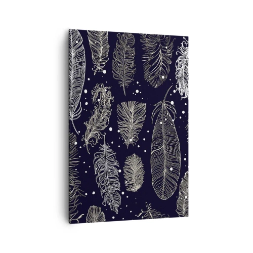 Bild auf Leinwand - Leinwandbild - Zarte weiße Federn auf marineblauem Hintergrund - 70x100cm - Gefiederte Spitze - Moderne Wanddekoration für Wohnzimmer und Schlafzimmer ARTTOR