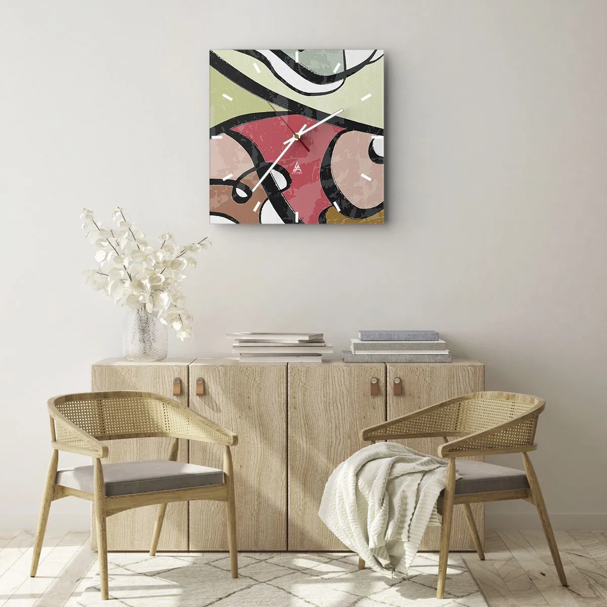 Wanduhr - Glasuhr - Bunte abstrakte Formen mit schwarzen Linien - 30x30cm - Pirouetten unter Farben - Moderne Wanddekoration für Wohnzimmer und Schlafzimmer ARTTOR