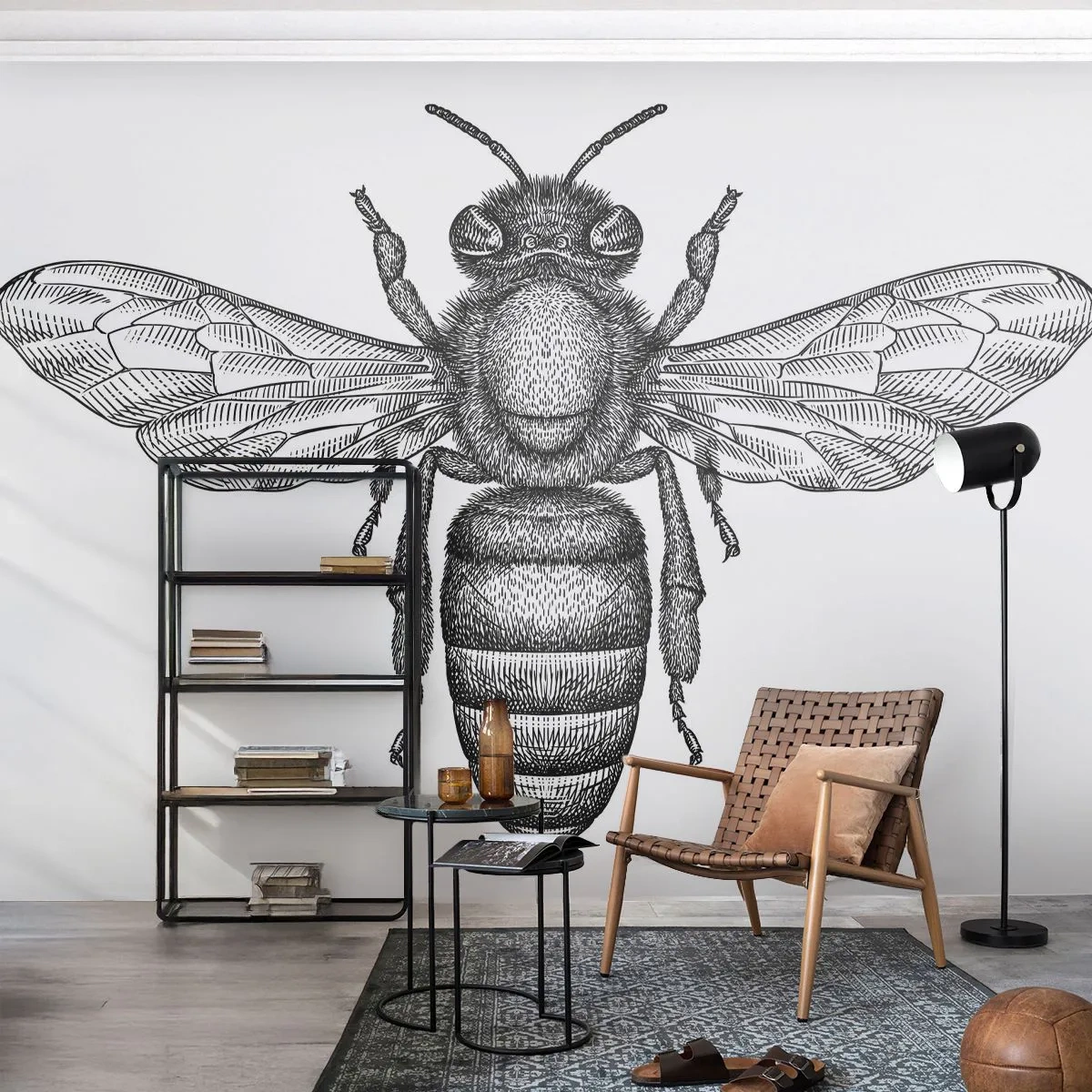 Fototapete Premium Canvas - Ein Cartoon-Bienenmotiv auf weißem Hintergrund im minimalistischen Stil. - 100x70cm - Insektenporträt - Moderne Wanddekoration für Wohnzimmer und Schlafzimmer ARTTOR