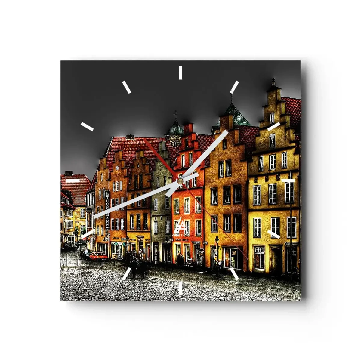Wanduhr - Glasuhr - Bunte Mietshäuser auf einer Kopfsteinpflasterstraße in der historischen Stadt - 30x30cm - Es fehlt nur noch ein verzaubertes Taxi - Moderne Wanddekoration für Wohnzimmer und Schlafzimmer ARTTOR