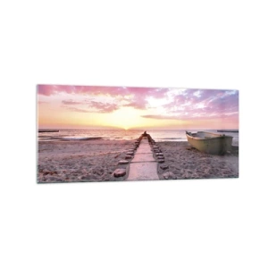 Glasbild - Bild auf glas - Sunrise Beach mit Boot und Pier - 120x50cm - Ein Moment tiefer Erfahrung - Moderne Wanddekoration für Wohnzimmer und Schlafzimmer ARTTOR