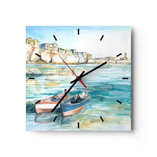 Wanduhr - Glasuhr - Eine malerische Küstenlandschaft mit Booten auf dem Wasser - 30x30cm - Landschaft in Azurblau - Moderne Wanddekoration für Wohnzimmer und Schlafzimmer ARTTOR