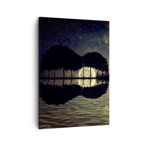 Bild auf Leinwand - Leinwandbild - Eine magische Nacht mit Bäumen und dem Mond, der sich im Wasser spiegelt - 50x70cm - Nacht am Ende der Welt - Moderne Wanddekoration für Wohnzimmer und Schlafzimmer ARTTOR