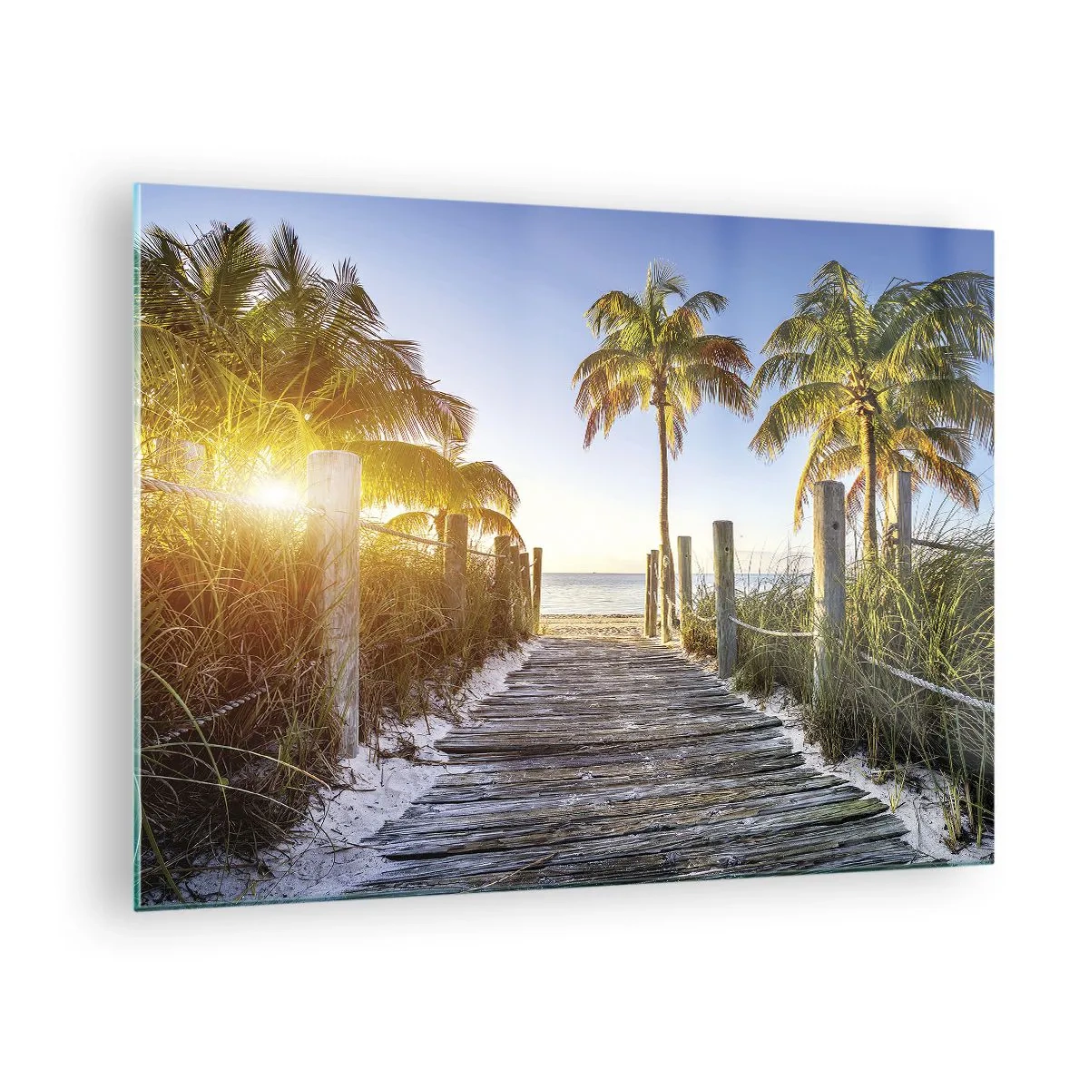 Glasbild - Bild auf glas - Holzweg am Strand, umgeben von Palmen - 70x50cm - Direkt ins Paradies - Moderne Wanddekoration für Wohnzimmer und Schlafzimmer ARTTOR